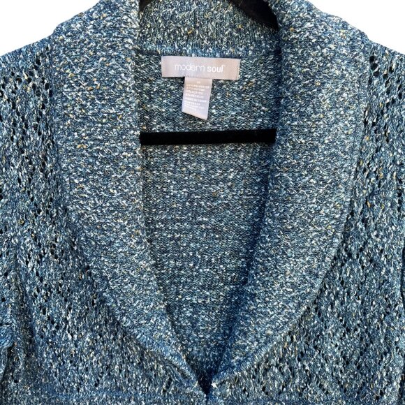 Modern Soul Womens Shawl Collar Blue Metallic Open Knit Cardigan Sweater Jacket - Picture 6 of 11